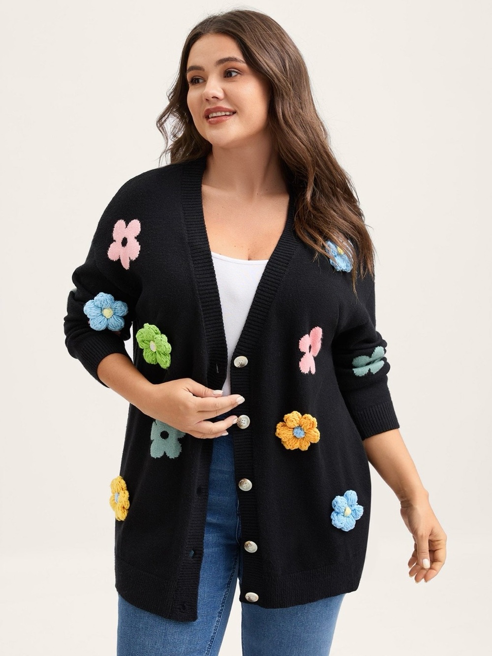 Bloomchic Women’s Black 3-D Flower-Appliqué Button Cardigan Sweater NWT